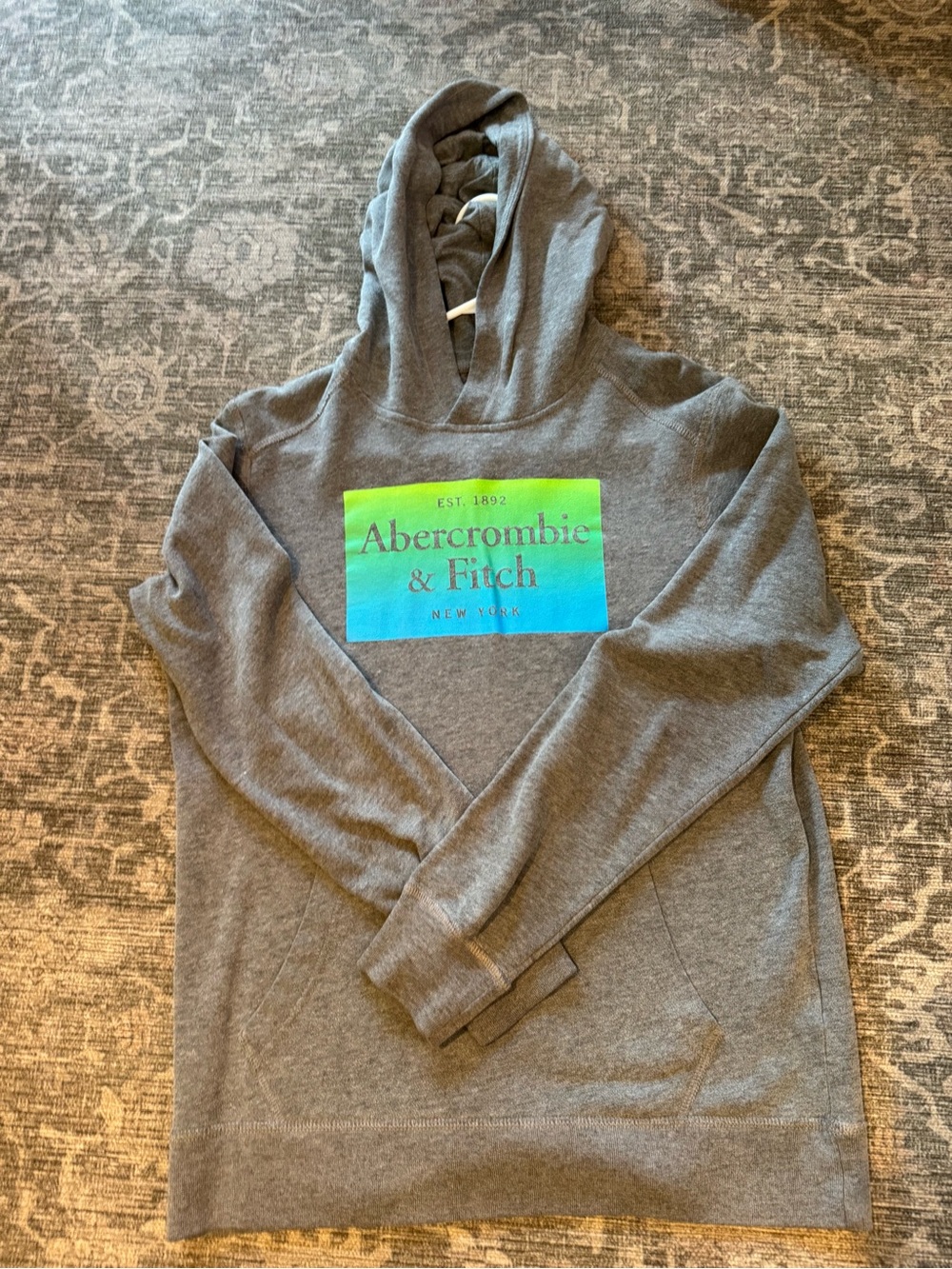 Lightweight 15/16 Abercrombie & Fitch Gray Hoodie with Green-Blue Gradient Logo